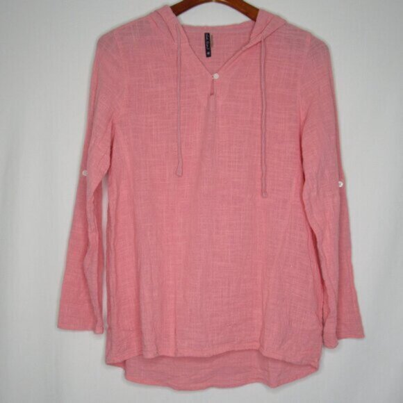 North River Pink Long Roll Tab Sleeve Hoodie Cotton Top Women's M Medium - Picture 9 of 10
